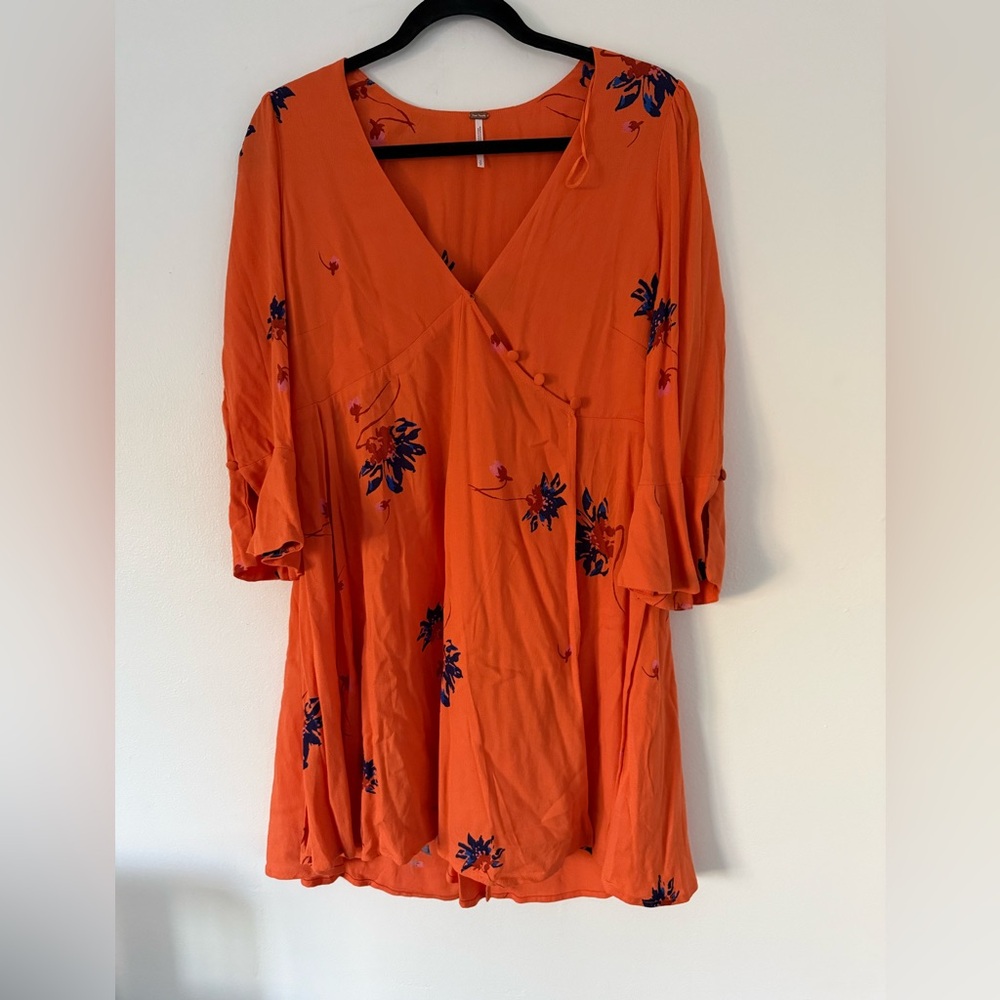 Free People Orange Floral Wrap Mini Dress - Picture 2 of 6
